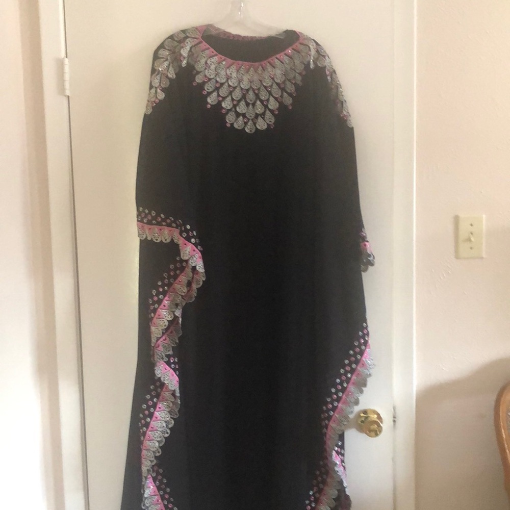 Black Kaftan with silver and pink threading design